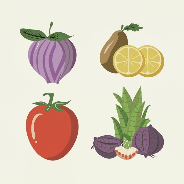Набор векторных икон летних фруктов и овощей