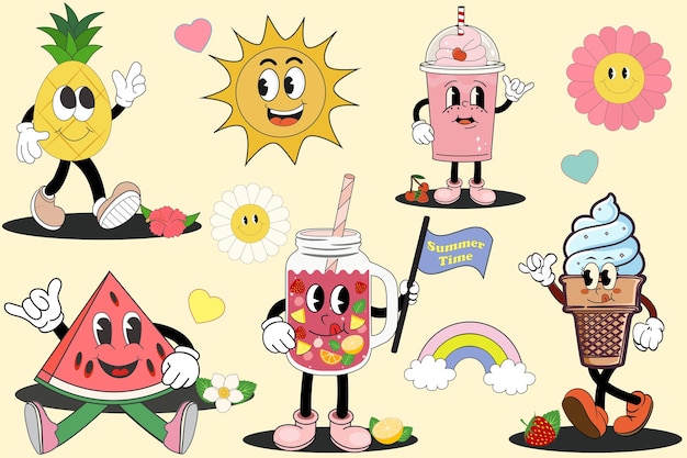 Set of summer groovy cute food and drinks characters Retro stickers stamps patches or mascots