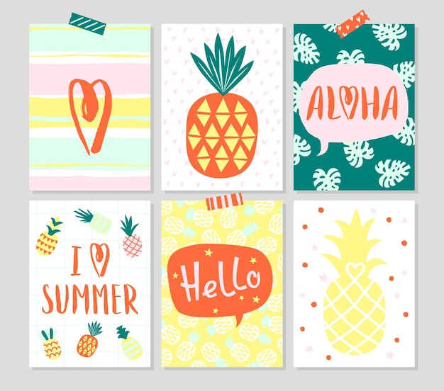 Vector set of summer hand drawn cards with pineapples and typography