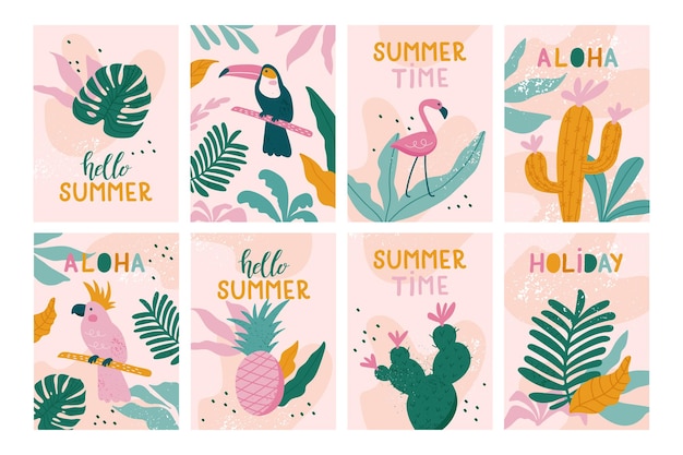 Set di biglietti per le vacanze estive. bellissimi poster disegnati a mano con tucani, fenicotteri, pappagalli, cactus, foglie esotiche in stile trendy.