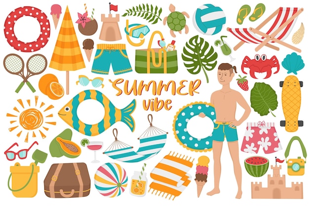 Set of summer holidays on the beach. Doodle flat clipart. All objects are repainted.