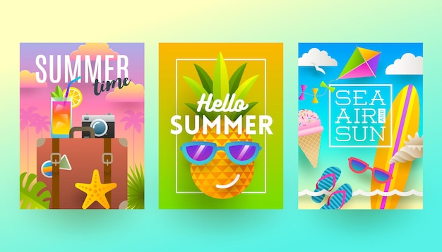 여름 방학 및 열대 휴가 포스터 또는 인사말 카드 세트