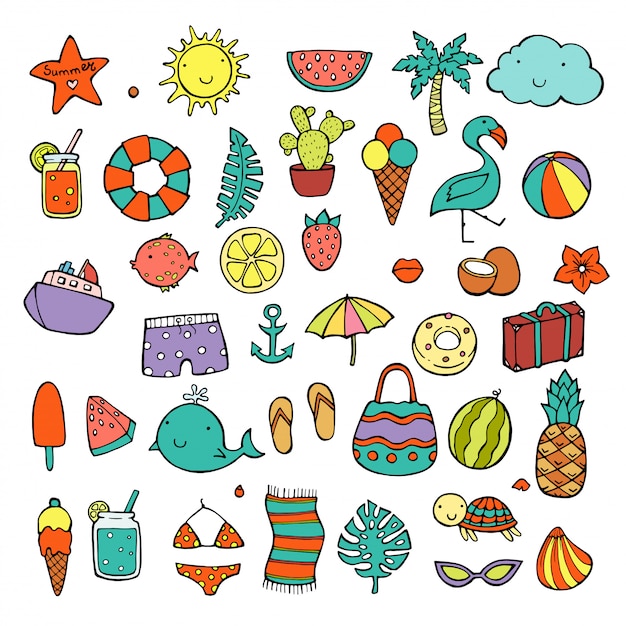 Set di icone di cibo estivo, bevande, foglie di palma, frutta e fenicotteri.