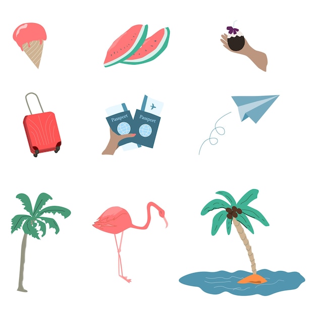 A set of summer icons travel and rest at the sea