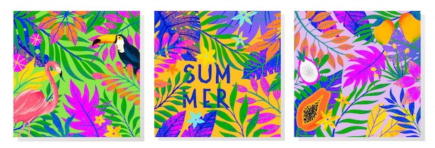 Vector set of summer illustration with bright tropical leaves,flamingo,toucan and exotic fruits.multicolor plants.exotic backgrounds perfect for prints,flyers,banners,invitations,social media.