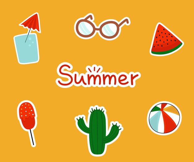 Set of summer isolated doodle stickers Hand drawn icons of glasses water glass cactus watermelon