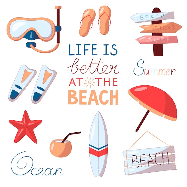 Набор летних предметов и пляжных объектов Пляжные аксессуары векторные иконки для веб-дизайна, изолированные на белом фоне