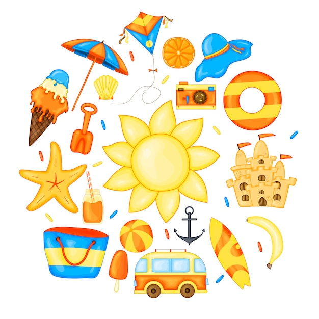 Vector set of summer items for vacation.