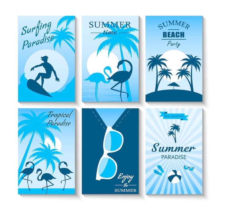 Vector set of summer monochrome retro posters with flamingo, sunglasses, surfer etc. vector illustration.