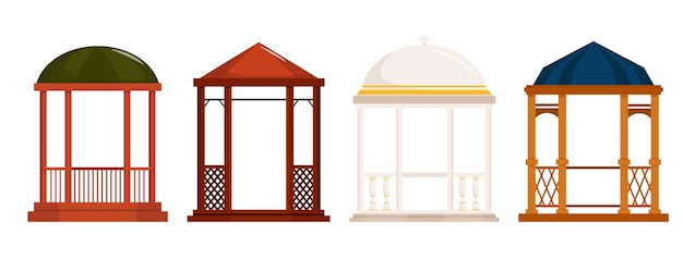 Vector set of summer open wood arbors isolated on a white background vector illustrations of different types and shapes of elegant pavilions for summer holidays