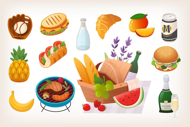 Set of summer picnic party images with fruit, basket and wine. Isolated colorful vector stickers.