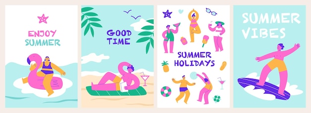 Vector a set of summer postcards people are on vacation at the sea women and men swim sunbathe surf le