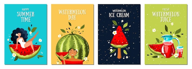 Set of summer postcards with watermelon