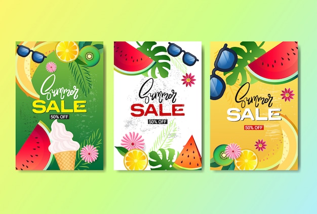 Vector set summer sale fresh fruits banner