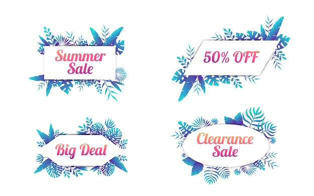 set of summer sale labels with tropical leaf illustration