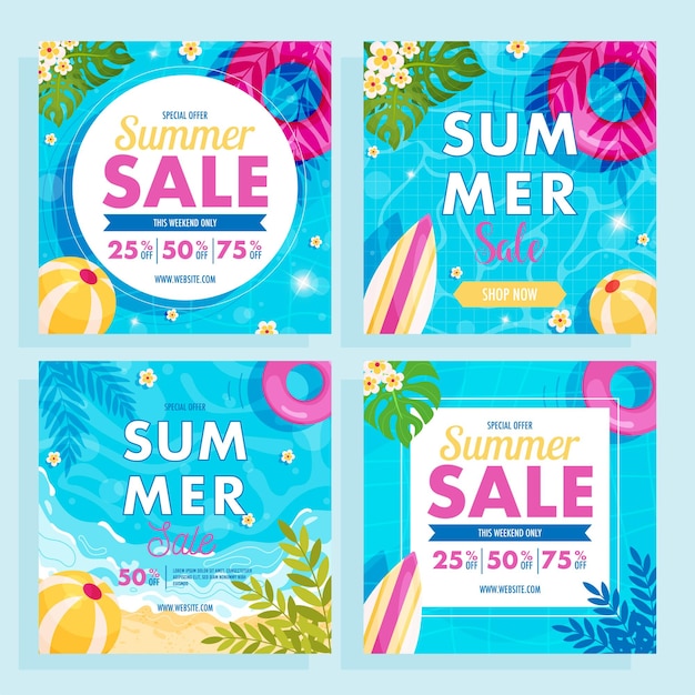 Vector set of summer sale square flyers cards summer promotion background vector illustration