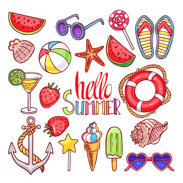 Vector set of summer shells, ice cream, strawberries