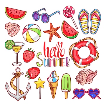 Premium Vector | Set of summer shells, ice cream, strawberries