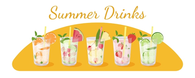 A set of summer soft drinks lemonades with ice cubes Vector illustration isolated