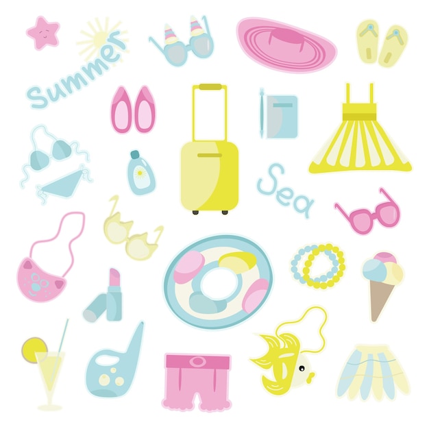 Set of summer stickers on the theme of seaside holidays