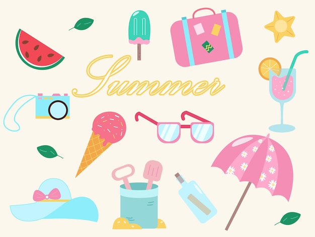 夏のステッカーセット 旅行 休暇 ベクトル フラット イラスト アイコン