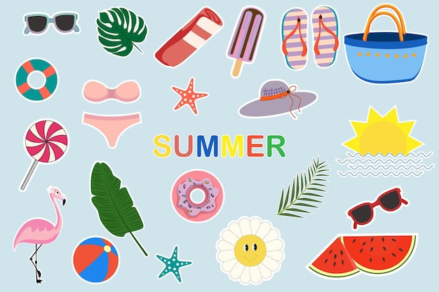 Vector set of summer stickers tropical themed icons for summer holidays vector collection of seasonal