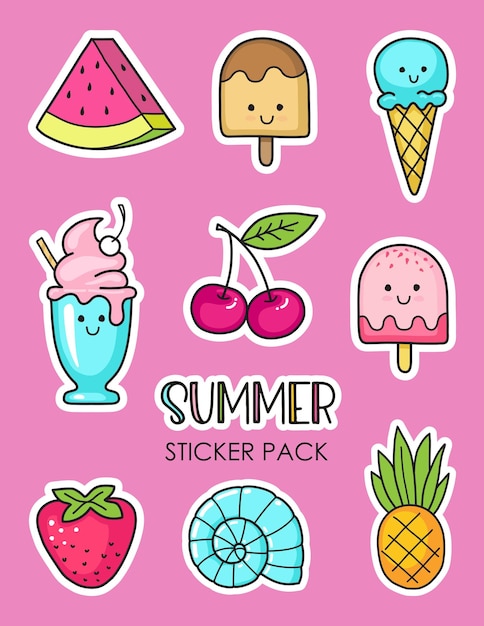 Vector set of summer stickers with ice cream berries and fruits