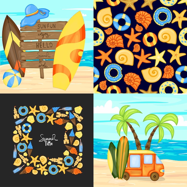 Set of summer template for text and pattern. cartoon style. vector illustration.