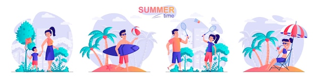 Set summer time flat design concept illustration of people characters
