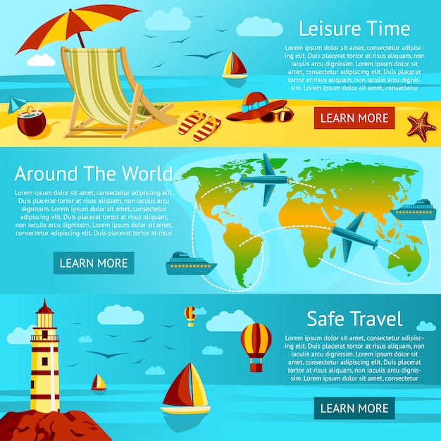 Vector set of summer travel and leisure banners. vector.