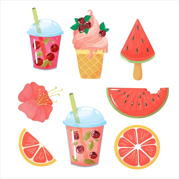 Vettore una serie di prelibatezze estive cocktail di frutta o frullato in stile cartone animato bevande da asporto illustrazione vettoriale isolato su sfondo bianco