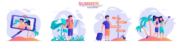 Set summer vacation flat design concept illustration of people characters