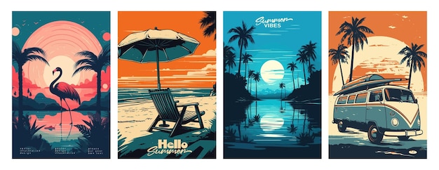 Set of summer vacation vector illustration posters with seaside landscape sunbed woman on vacation summer sunset retro and modern style for a greeting card