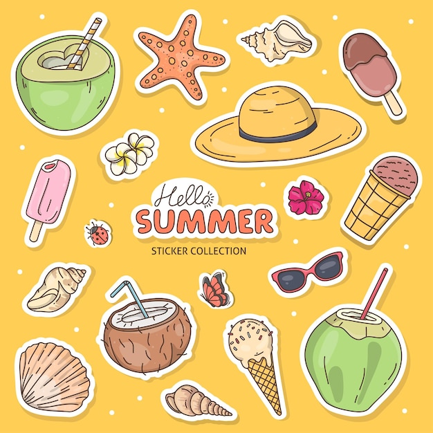 Set of summerthemed stickers in the style of Doodle with cocktails and seashells