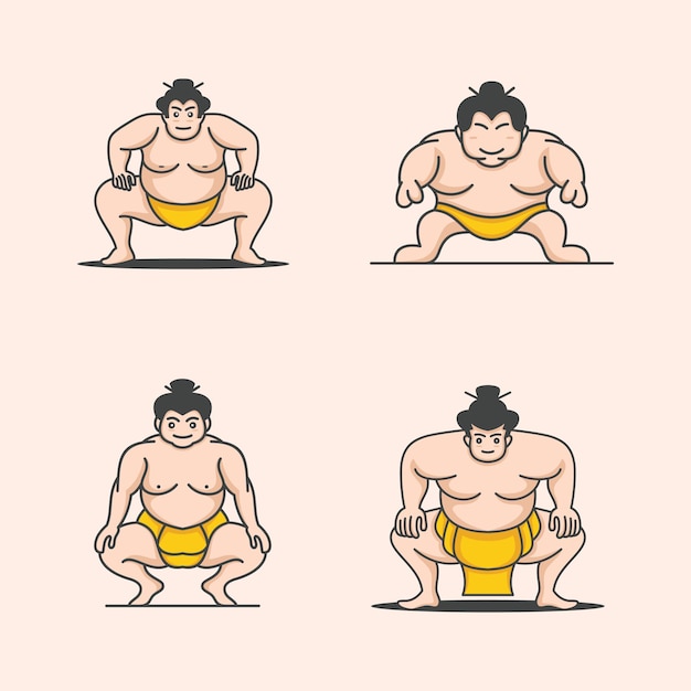 Set di illustrazione del lottatore di sumo, ispirazione per il design del logo sportivo tradizionale giapponese