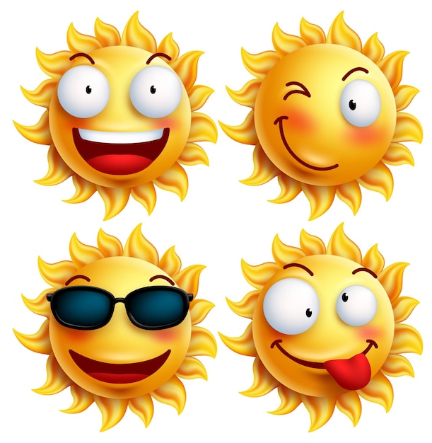 Set of sun character with funny facial expressions in glossy 3D realistic for summer