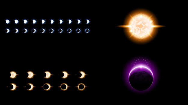 set sun eclipse solar collection color fire dark background vector moon design style space science