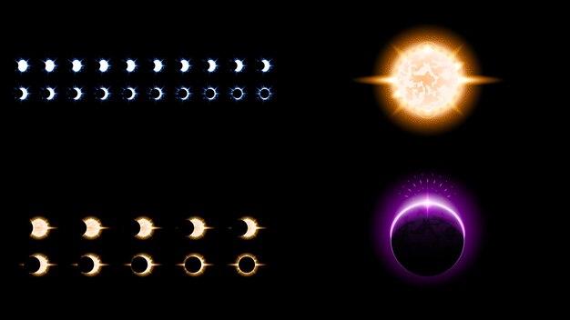 Set Sun Eclipse Solar Collection Color Fire Dark Background Vector Moon Design Style Space Science