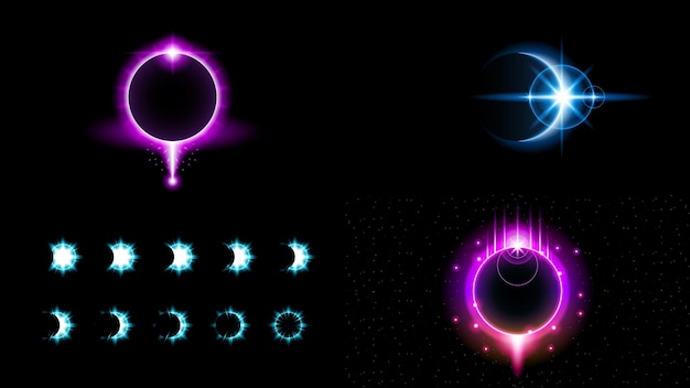 Set Sun Eclipse Solar Collection Color Fire Dark Background Vector Moon Design Style Space Science