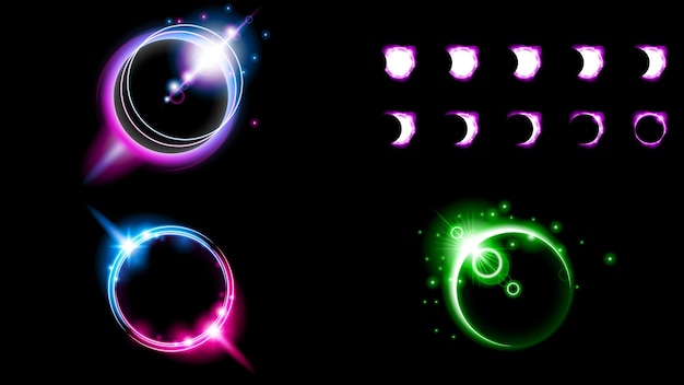 Set Sun Eclipse Solar Collection Color Fire Dark Background Vector Moon Design Style Space Science