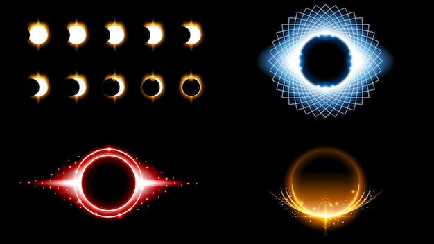 太陽日食 太陽コレクション カラー セット 火 背景 暗い ベクター 月 デザイン スタイル 宇宙科学