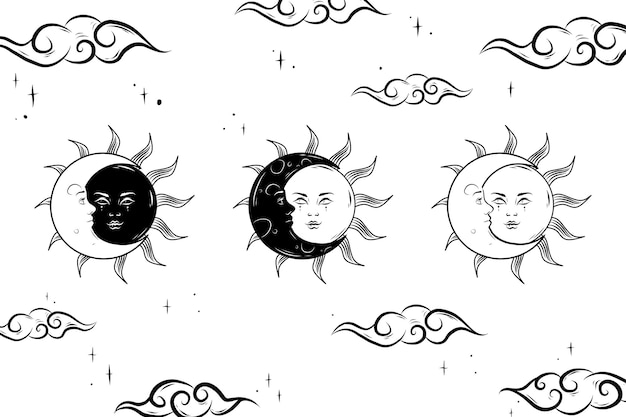 Закат солнца и луны принт эскиз татуировки черно-белый