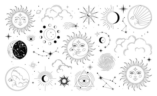 太陽、月、星、雲、星座、難解なシンボルのセット。錬金術の神秘的な魔法の要素