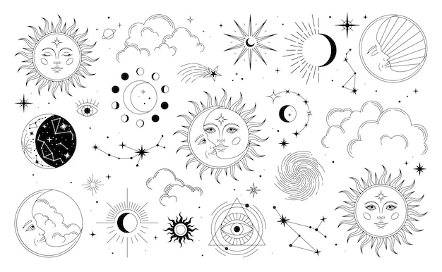 Set of sun, moon, stars, clouds, constellations and esoteric symbols. alchemy mystical magic elements