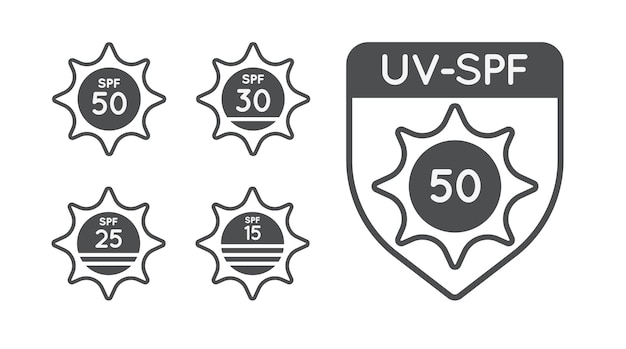 Set di protezione solare uv index spf 50 spf 30 25 15 collezione di icone vettoriali