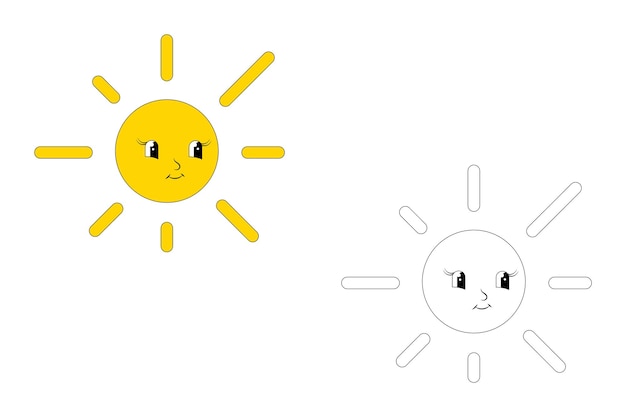 Set the sun with a cheerful face Children's illustration Yellow and contour sun