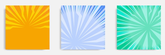 Vector set of sunburst background template in blue, yellow, green, with white rays color