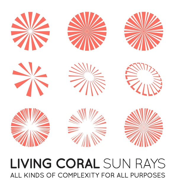 Sunburst Vector Rays of Sun のセットは,トレンディなサンゴの色で作られています.