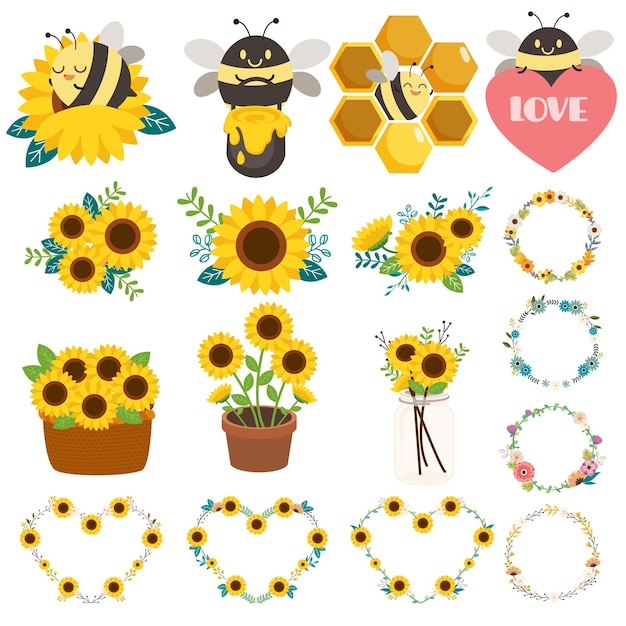 Vector set of sunflower wreath and bee in flat vector style illustration about nature