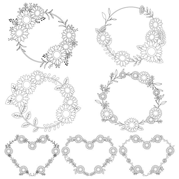 Set di ghirlande di semi di girasole in linea con illustrazione vettoriale in stile arte minimalista